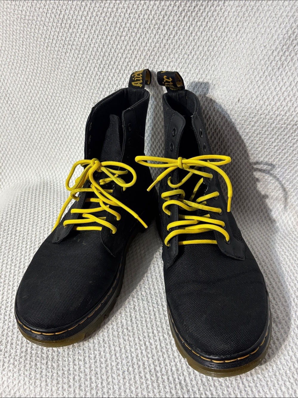 Dr. Martens Sz 10 Combs Canvas 8-Eye Boots with Yellow Laces